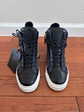 Giuseppe Zanotti Black Croc-Embossed High-Top Sneakers with Gold Hardware